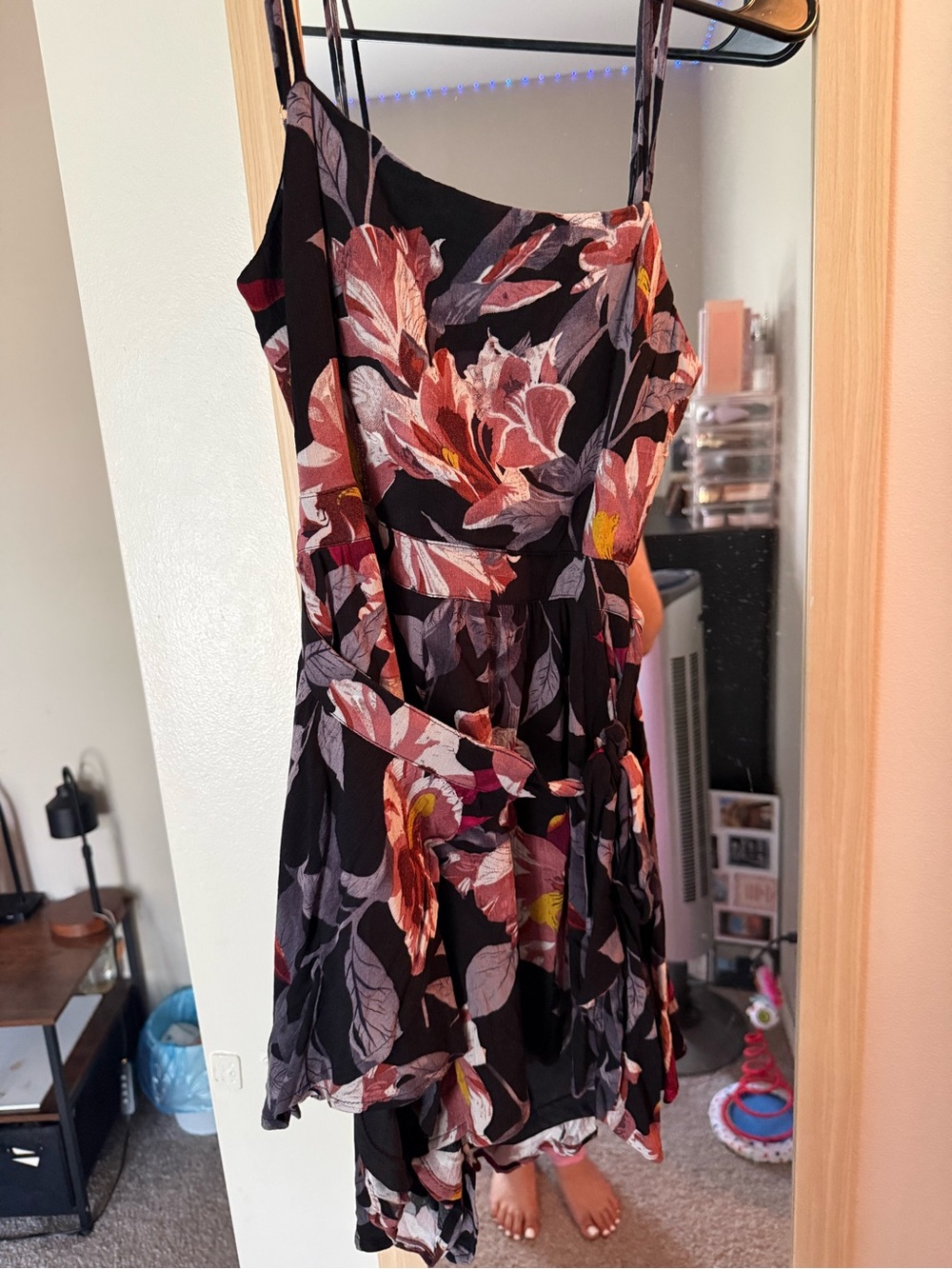 Floral Black Spaghetti-Strap Mini romper